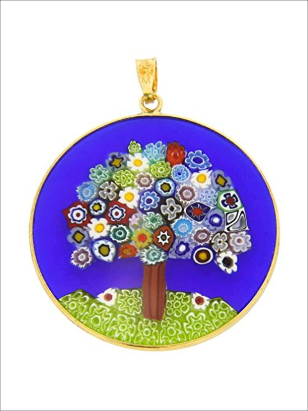 Murano Glass Millefiori Tree of Life Pendant in Gold-Plated Silver Frame